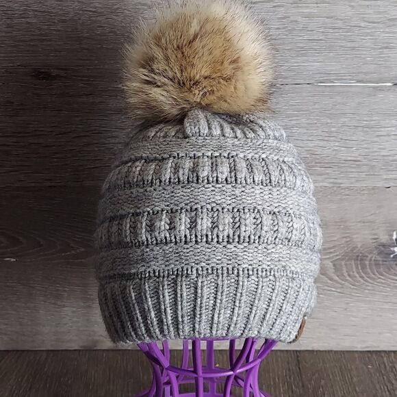 C.C Gray Knit Pom Beanie - Picture 1 of 6